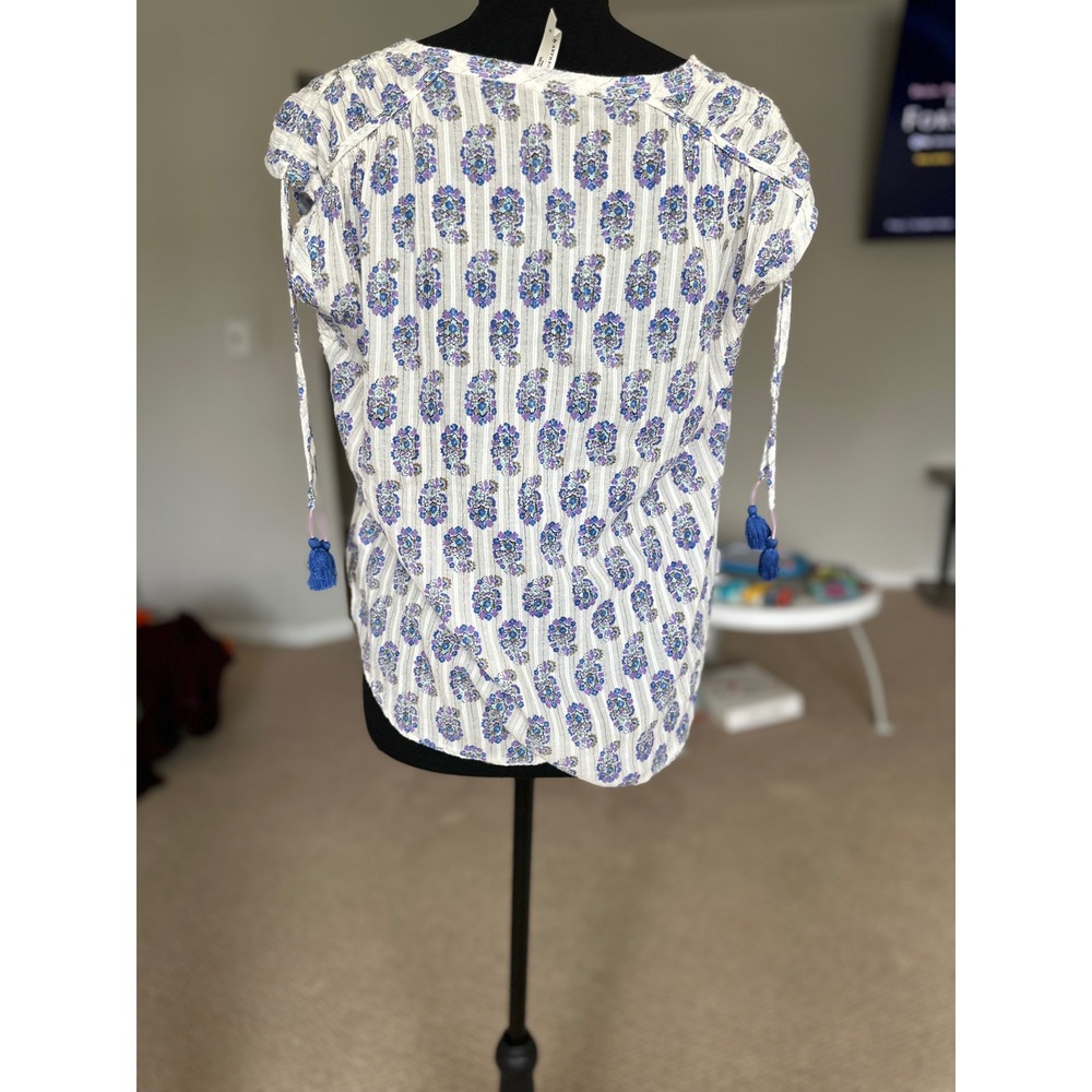 Anthropologie Blue Floral Tassel Tie Shoulder Metallic Stripe Blouse XS - Picture 9 of 9